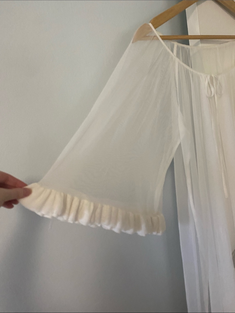 Sheer Cream Ruffle-Trim Long Robe with Tie Front - Picture 3 of 5
